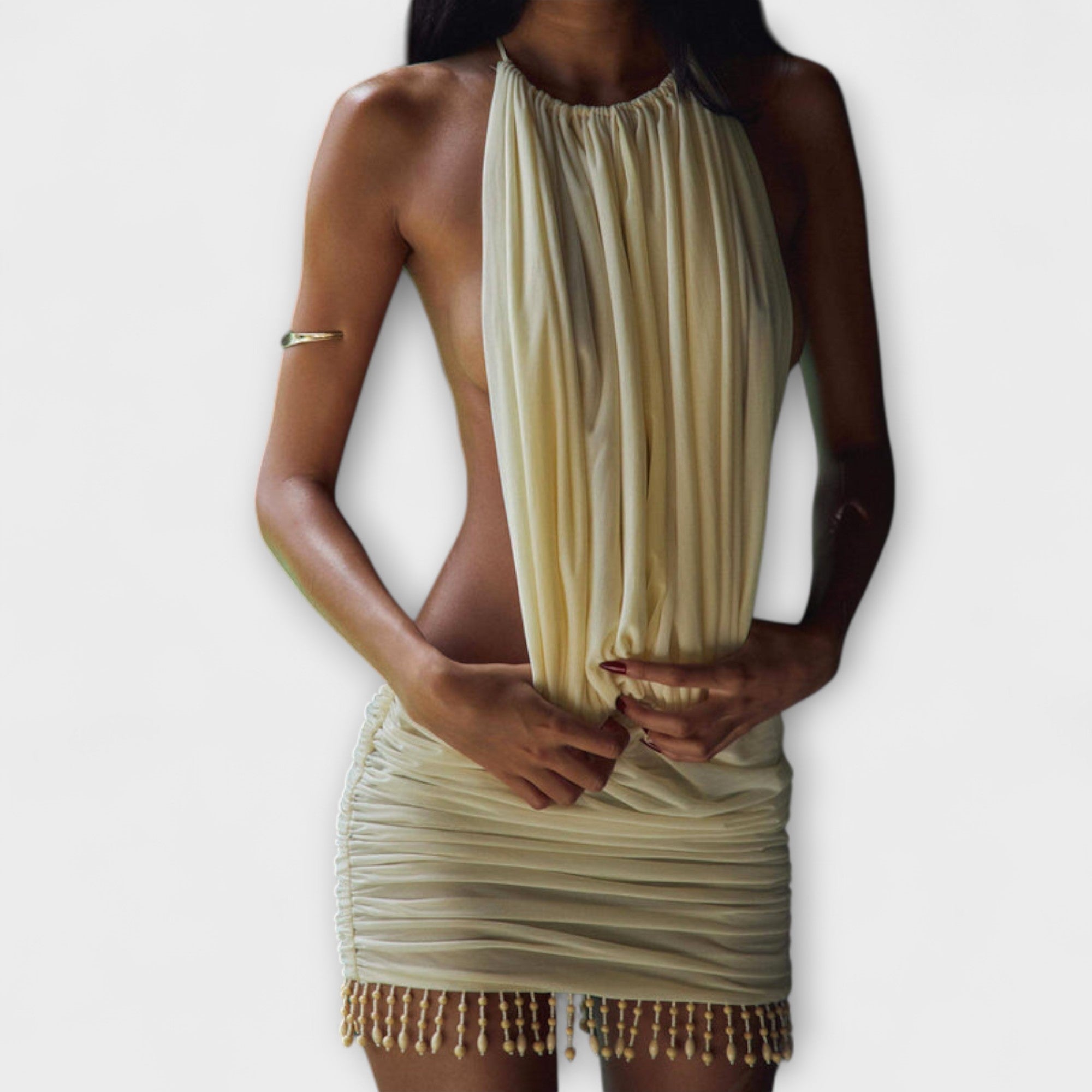 Nyari – Drapiertes Minikleid mit Perlenbesatz