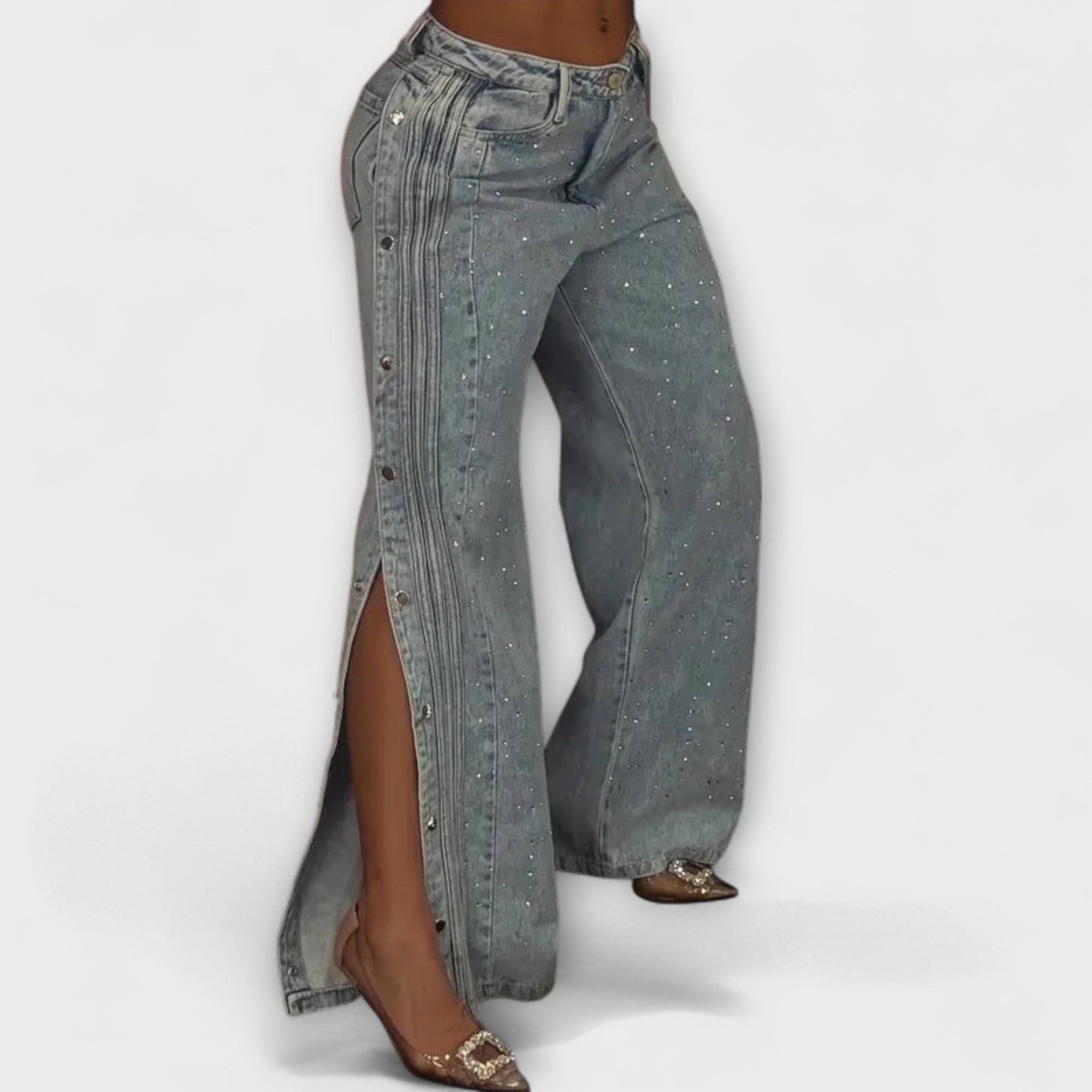 Velina – Glitzernde Jeans mit Schlitz und Statement-Knöpfen