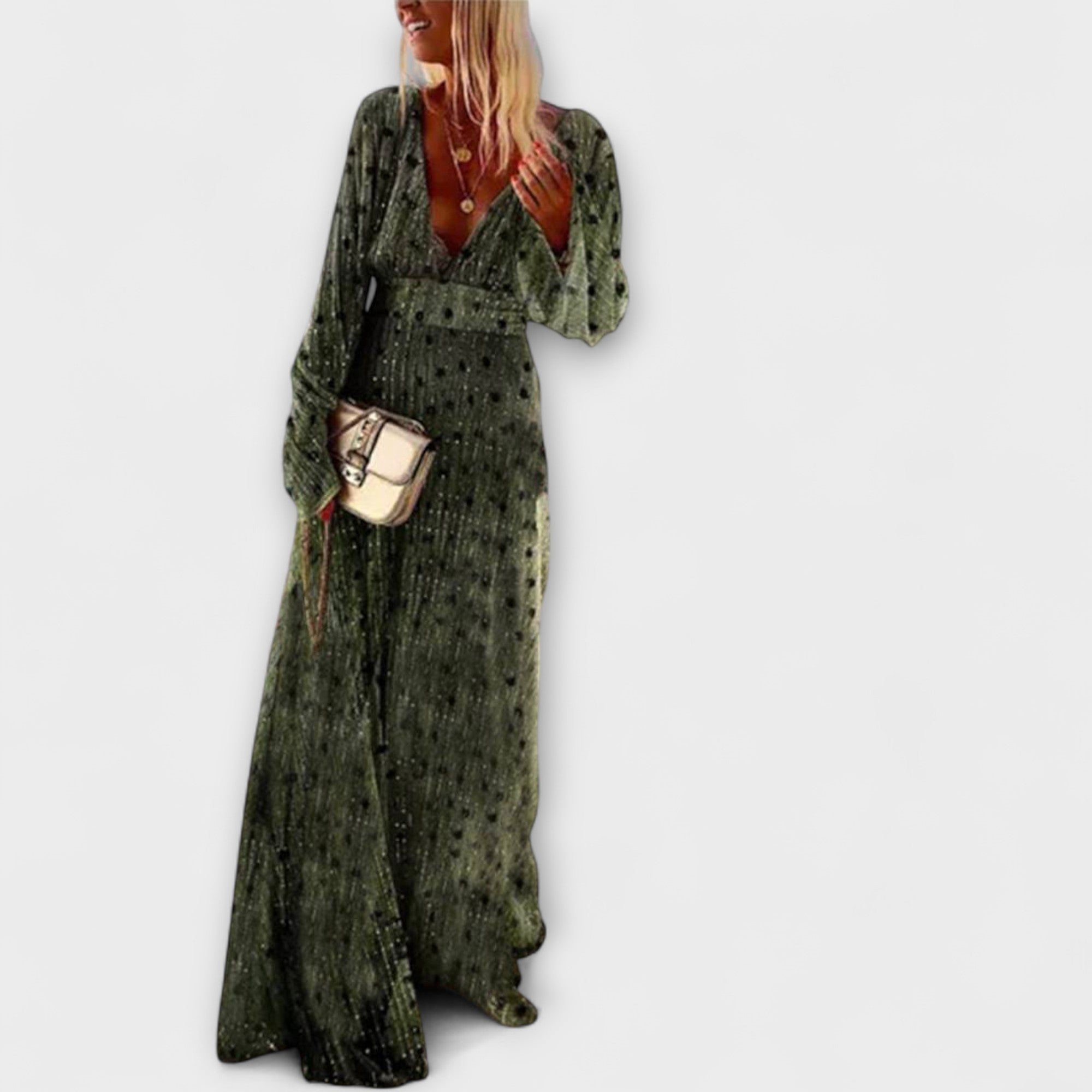 Milenara – Gepunktetes Rückenausschnitt-Kleid in Olive