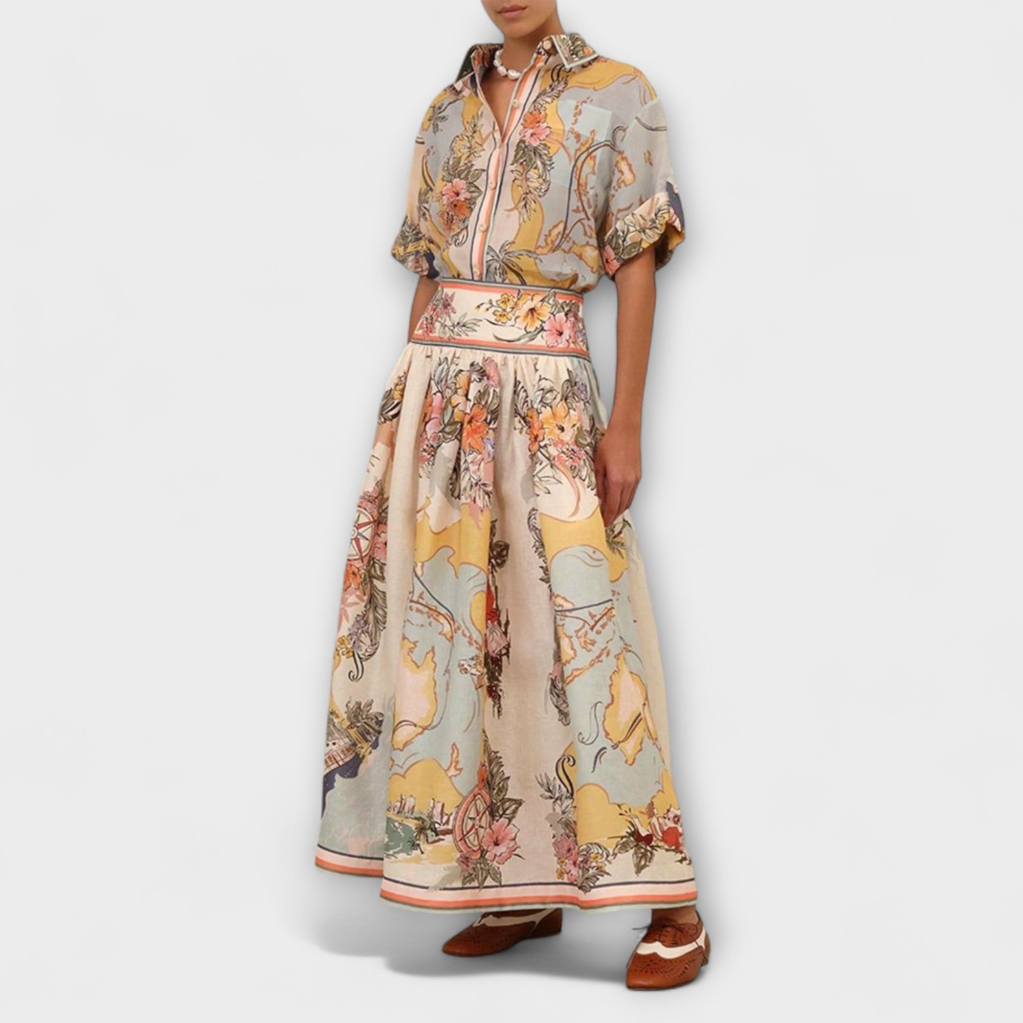 Mireva – Maxirock mit floraler Vintage-Illustration