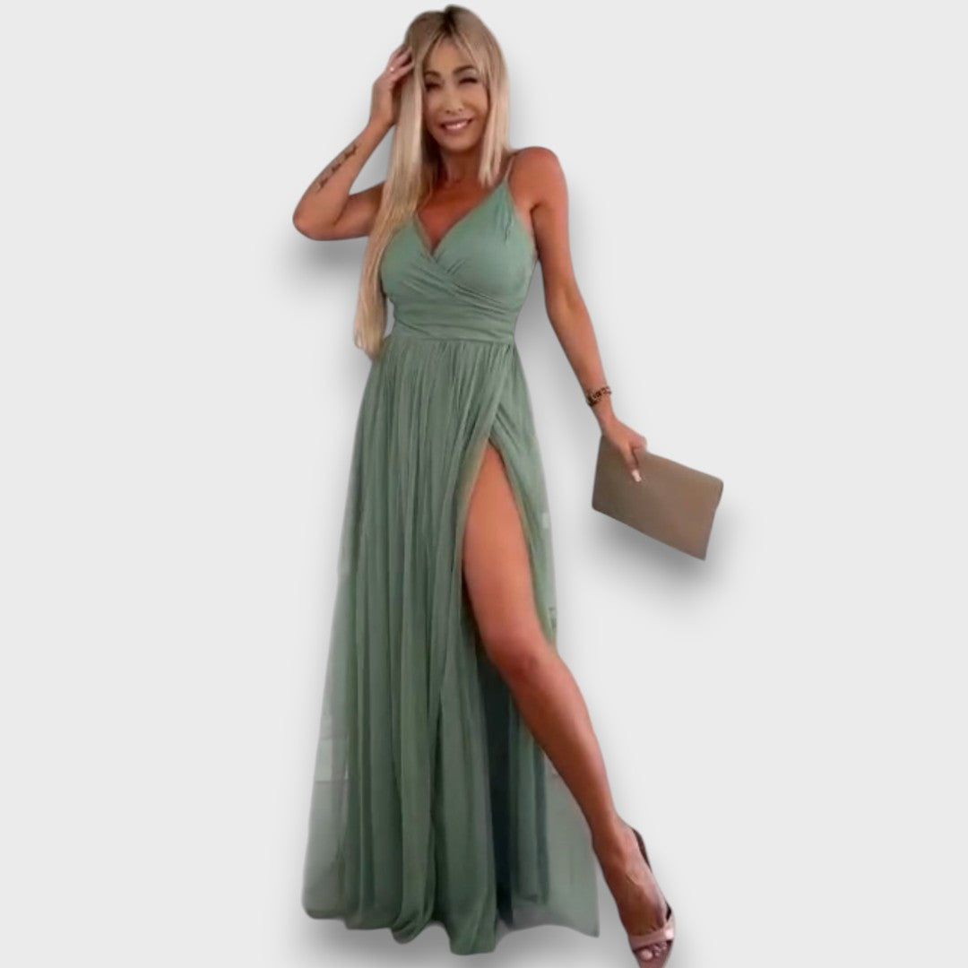 Nausica – Fließendes Kleid mit Schlitz und Spaghettiträgern