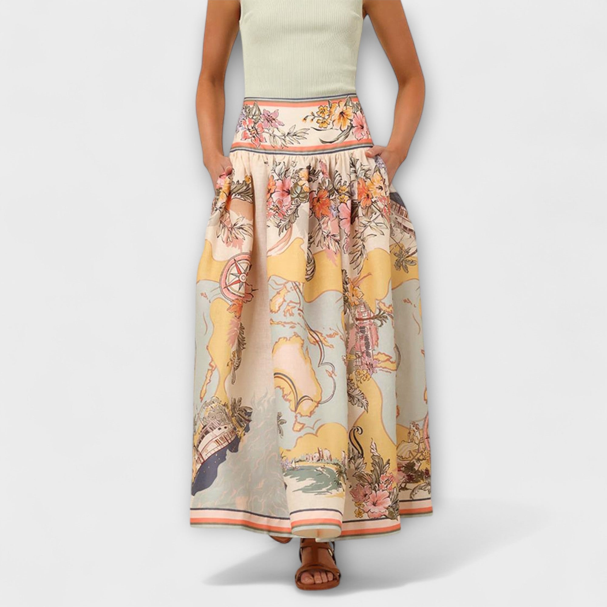 Mireva – Maxirock mit floraler Vintage-Illustration