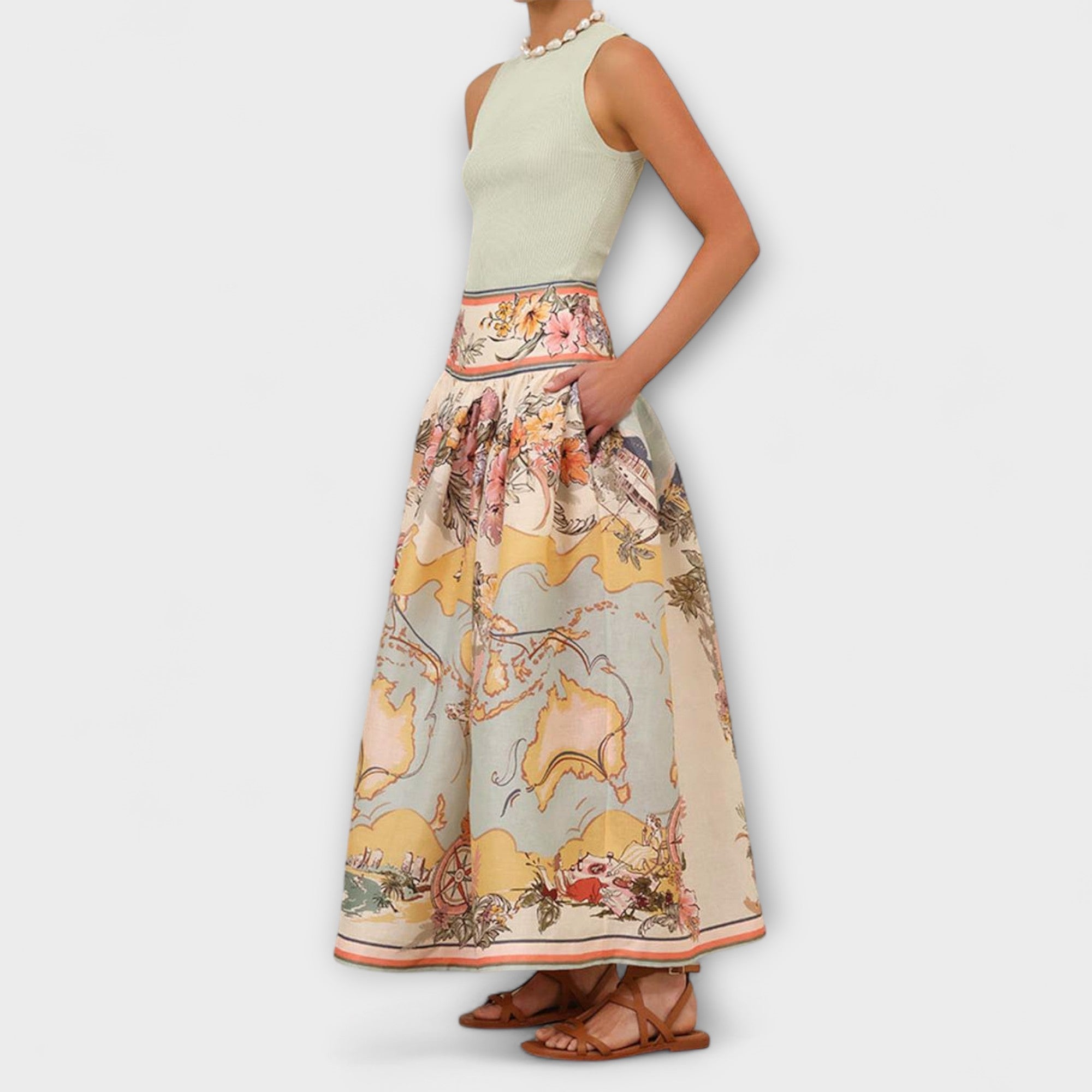 Mireva – Maxirock mit floraler Vintage-Illustration
