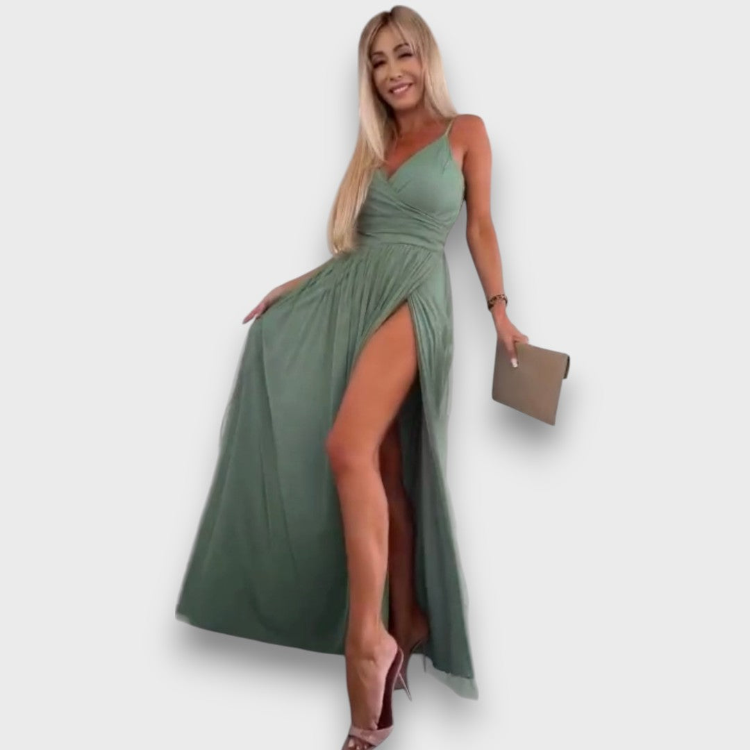 Nausica – Fließendes Kleid mit Schlitz und Spaghettiträgern