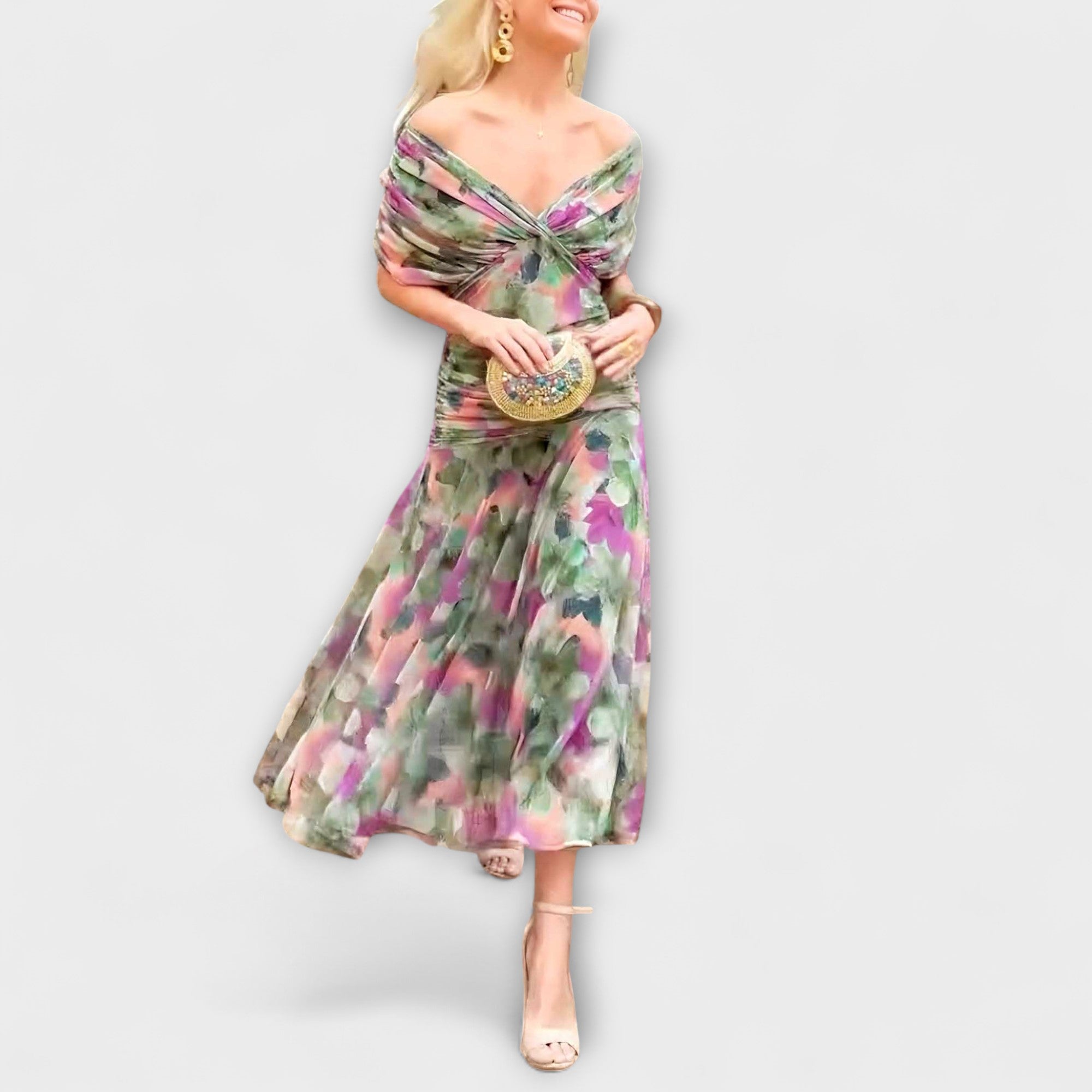 Aulina – Maxikleid mit floraler Eleganz und V-Ausschnitt