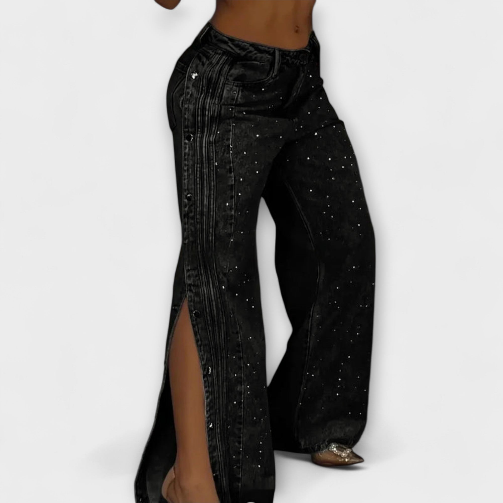 Velina – Glitzernde Jeans mit Schlitz und Statement-Knöpfen