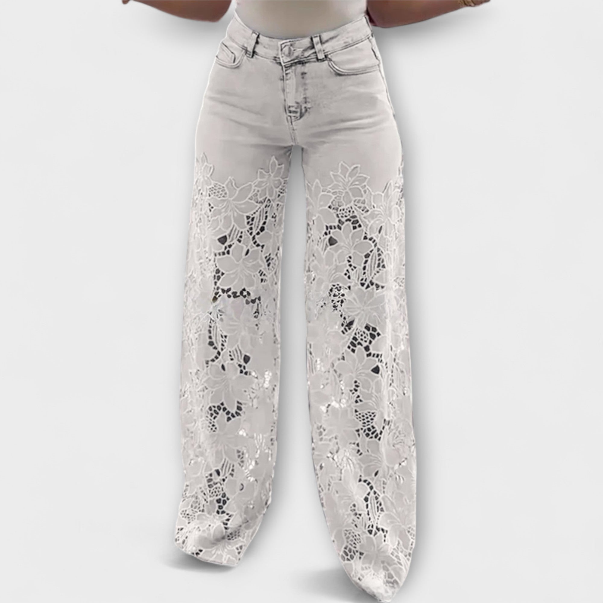 Virelle – Jeans mit floraler Transparenz und weitem Bein